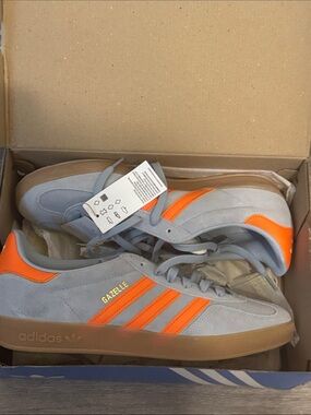adidas Gazelle Suede Sneakers in Light Gray & Neon Orange